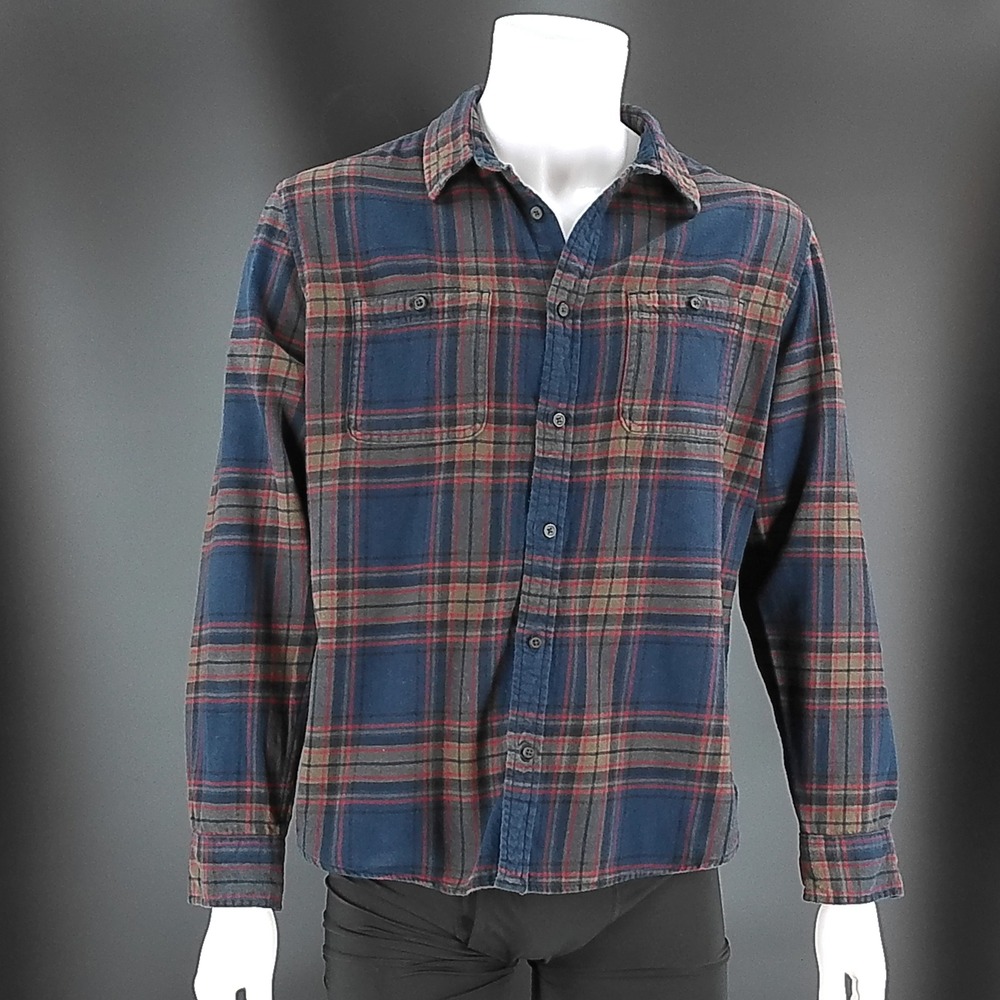 Mutual Weave Mens Large Flannel Shirt Navy Blue Red  Long Sleeve Button-Down